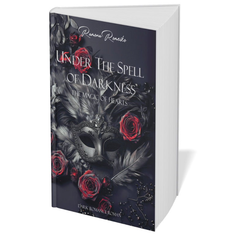 Ein Buchcover mit Rosen, einer Maske und dem Titel "Under the Spell of Darkness". Dark Romance Bücher - Ramona Romeiko
