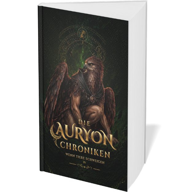 Buchcover mit einer Hybriden Rotmilan-Mensch im mystischen Stil. Goldene Schrift