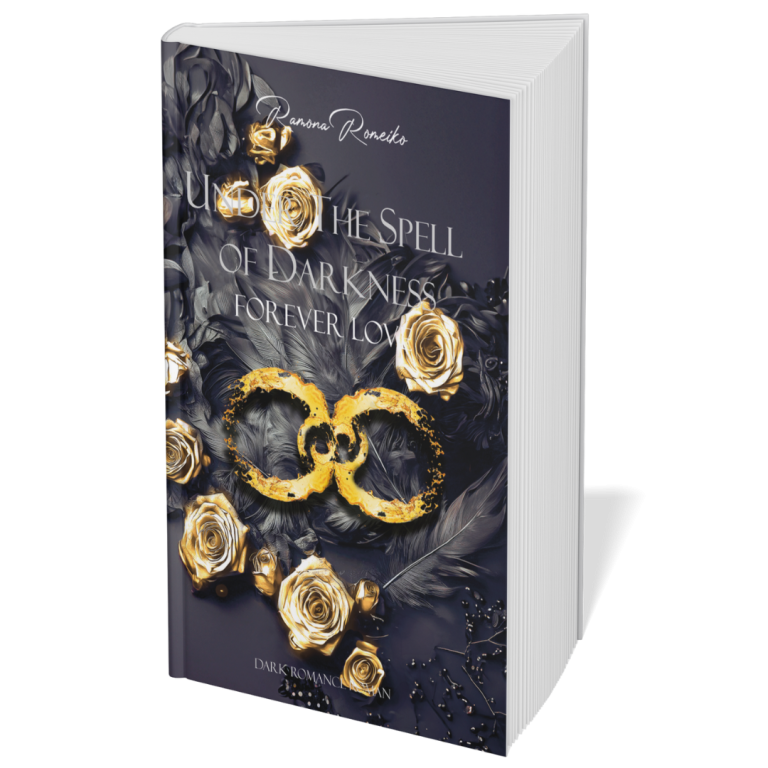 Buchcover mit schwarzem Hintergrund, goldenen Ringen und blühenden Rosen. Titel: "The Spell of Darkness". Dark Romance Bücher -Ramona Romeio