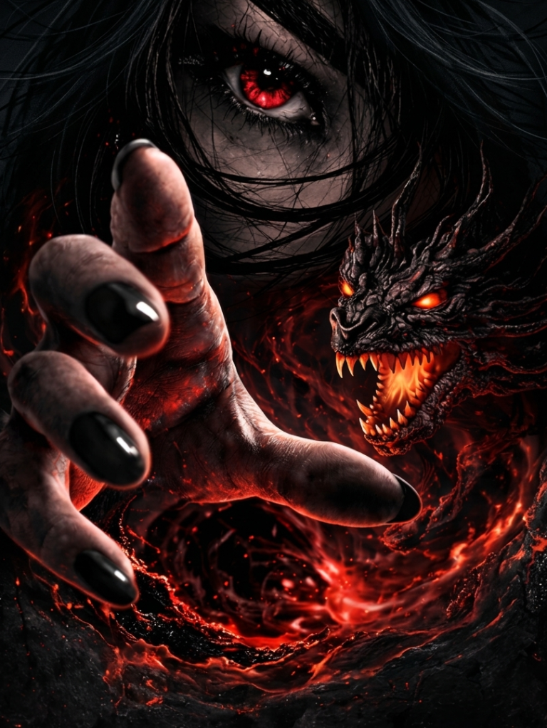 Düstere Szene mit einer Hand, einem Drachen und roten Augen, die aus einem Riss hervortritt. Düstere Szene mit einer Hand, einem Drachen und roten Augen, die aus einem Riss hervortritt.