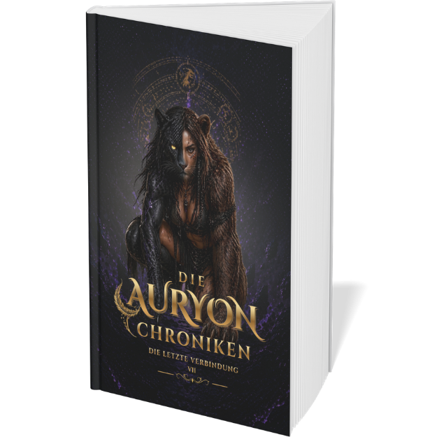 Buchcover mit einer Tribriden Phanter-Bär-Mensch im mystischen Stil. Goldene Schrift