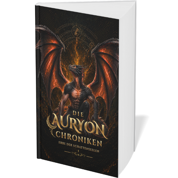 Buchcover mit einer Hybriden Zeitdrachen-Mensch im mystischen Stil. Goldene Schrift