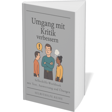 Umgang mit Kritik verbessern Buchcover mit dem Titel "Umgang mit Kritik verbessern" und drei stylisierten Figuren.