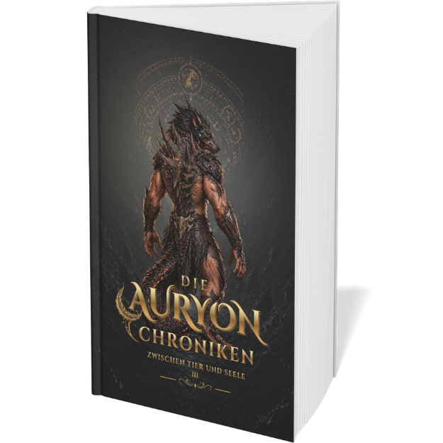 Buchcover mit einer HybridenWolfsdrachen-Mensch im mystischen Stil. Goldene Schrift