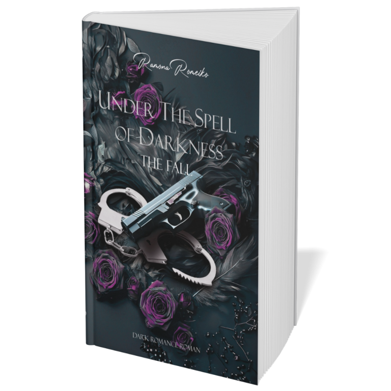 Buchcover mit einem Revolver und lila Rosen auf einem dunkelgrünen Hintergrund. Dark Romance - Ramona Romeiko, Under The Spell of Darkness