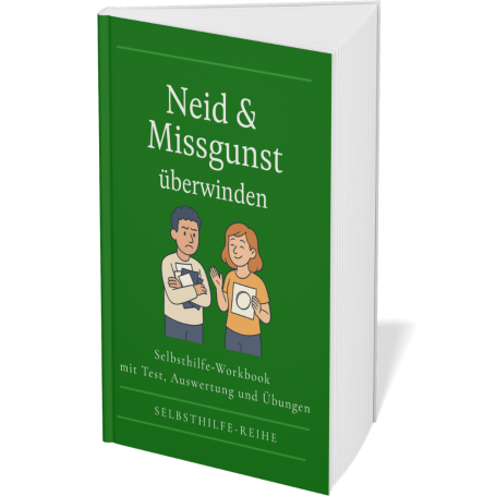 Neid & Missgunst überwinden Buchcover mit dem Titel "Neid & Missgunst überwinden" und illustrativen Figuren.
