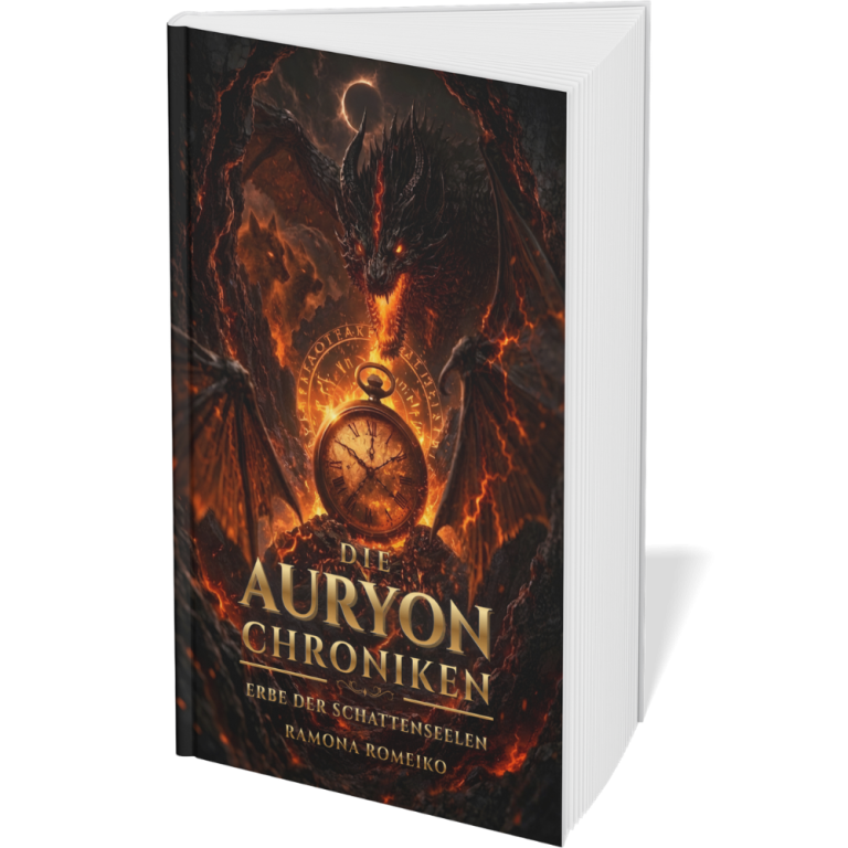 Buchcover "Erbe der Schattenseelen" mit einer Frau und Wolf im mystischen Stil. Fantasy Buchreihe -Ramona Romeiko Auryon-Chroniken