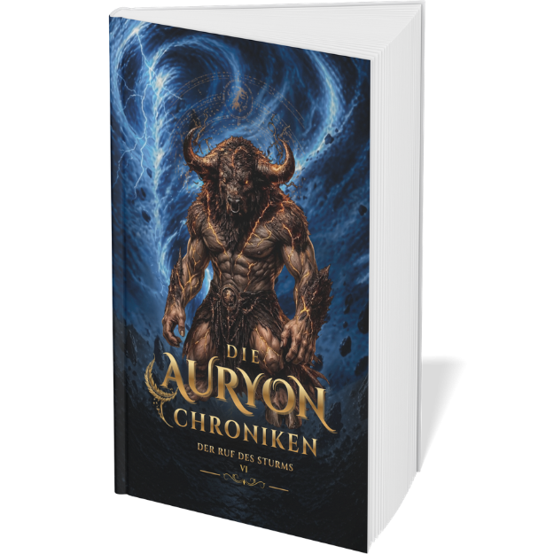 Buchcover mit einer Hybriden Sturmbison-Mensch im mystischen Stil. Goldene Schrift