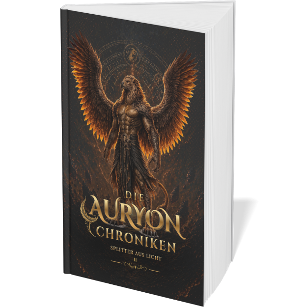 Buchcover mit einer Hybriden Löwenadler-Mensch im mystischen Stil. Goldene Schrift